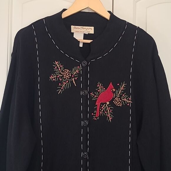 Norm Thompson Black Cotton Blend CARDINAL BIRD Beaded Novelty Sweater Women's 2X - Picture 2 of 12